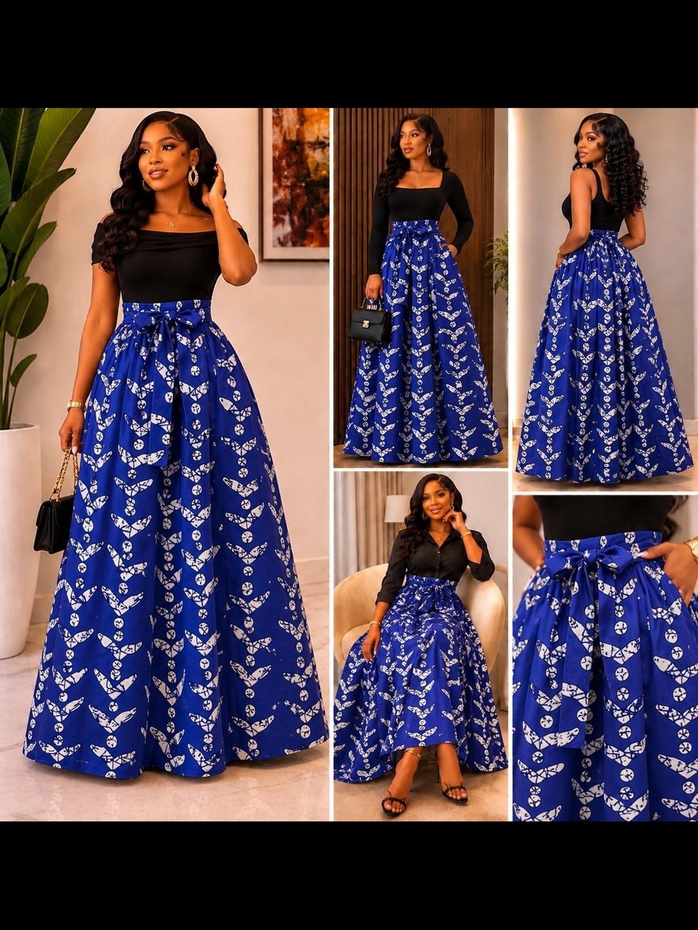 Blue Printed Maxi Skirt with Tie Waist - Women Skirts